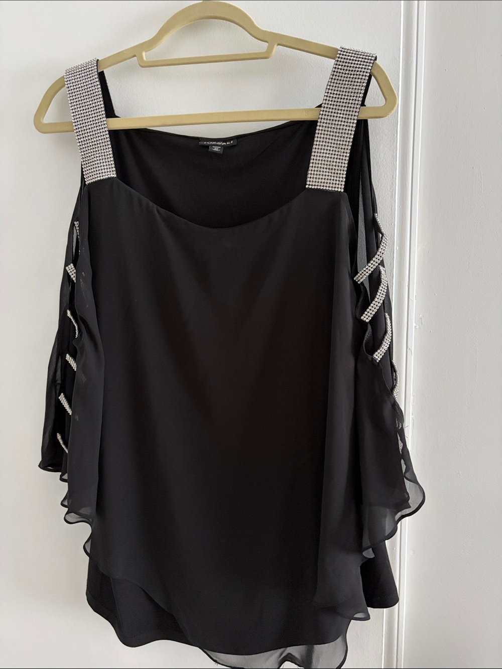 Roz & Ali Black Cold-Shoulder Top with Rhinestone Straps